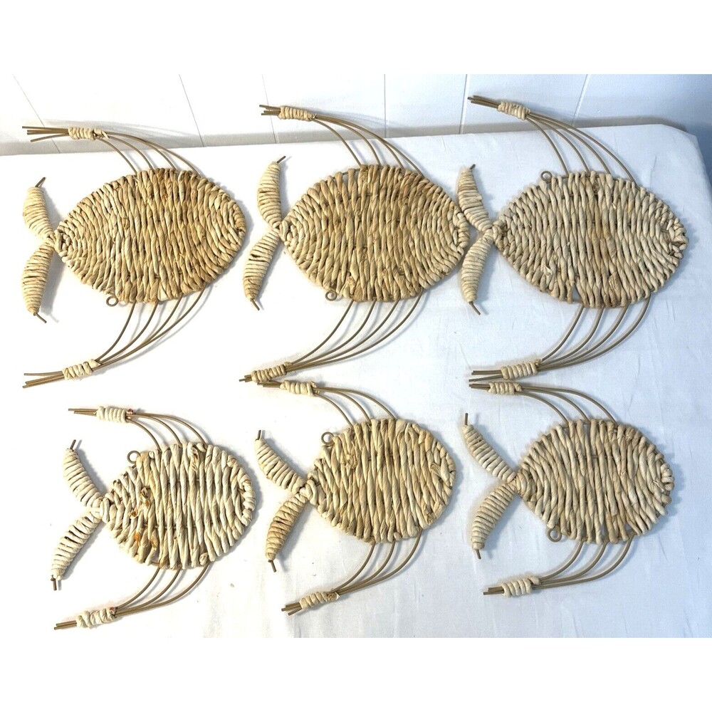 Set of 12 Wicker Rattan Boho Fish Wall Hangings 3 Lg  3 Sm Beach Tiki Bar Deco